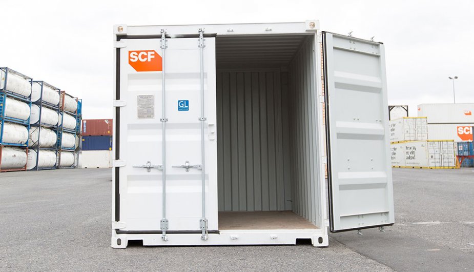 mini shipping container with single door open